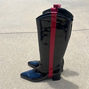 YOUTHJUNE Black & Red Stripe Patent Leather Riding Boot